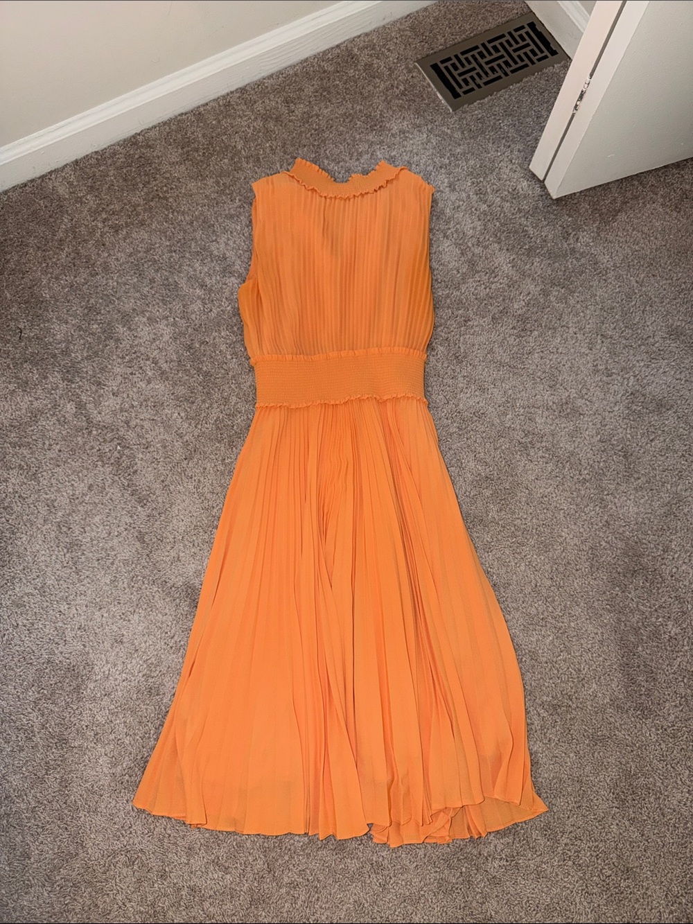 Pleated Sleeveless Midi Dress in Bright Orange